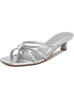 Athlefit Women's Silver Polyurethane Kitten Square Toe Strappy Flip Low Heels
